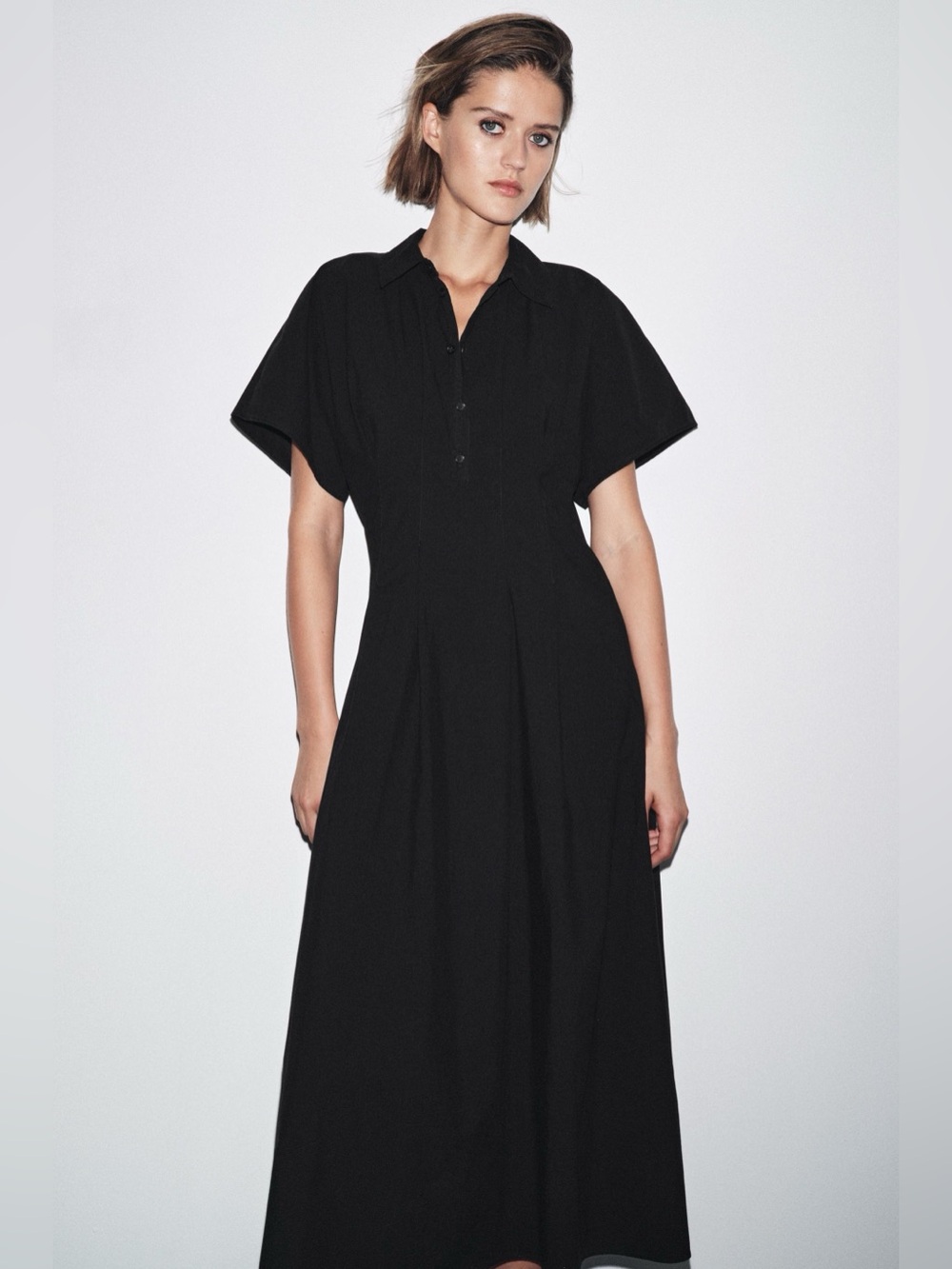 ZARA Short-sleeved cotton poplin black button front midi shirt dress. NWT M
